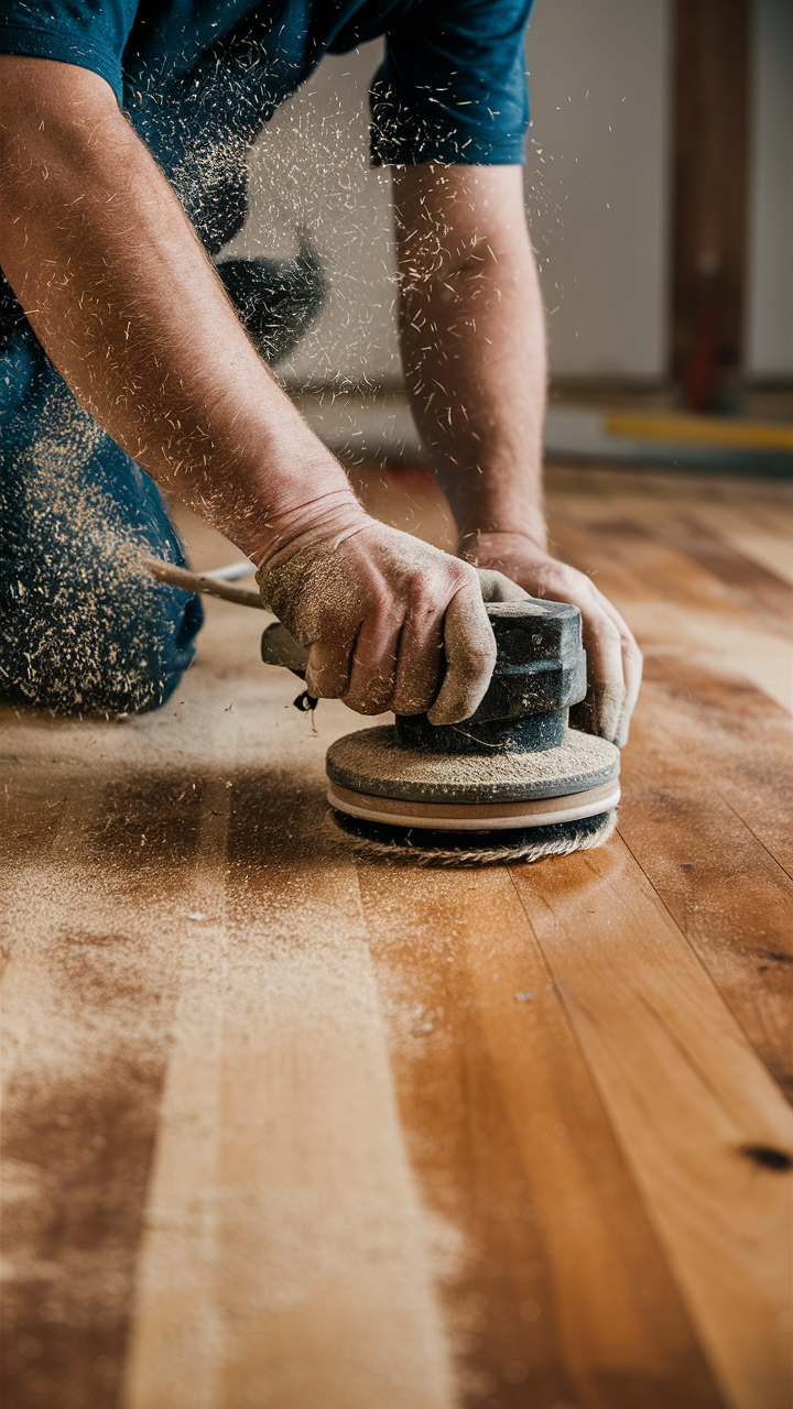 Close up working on refinishing hardwood flooring