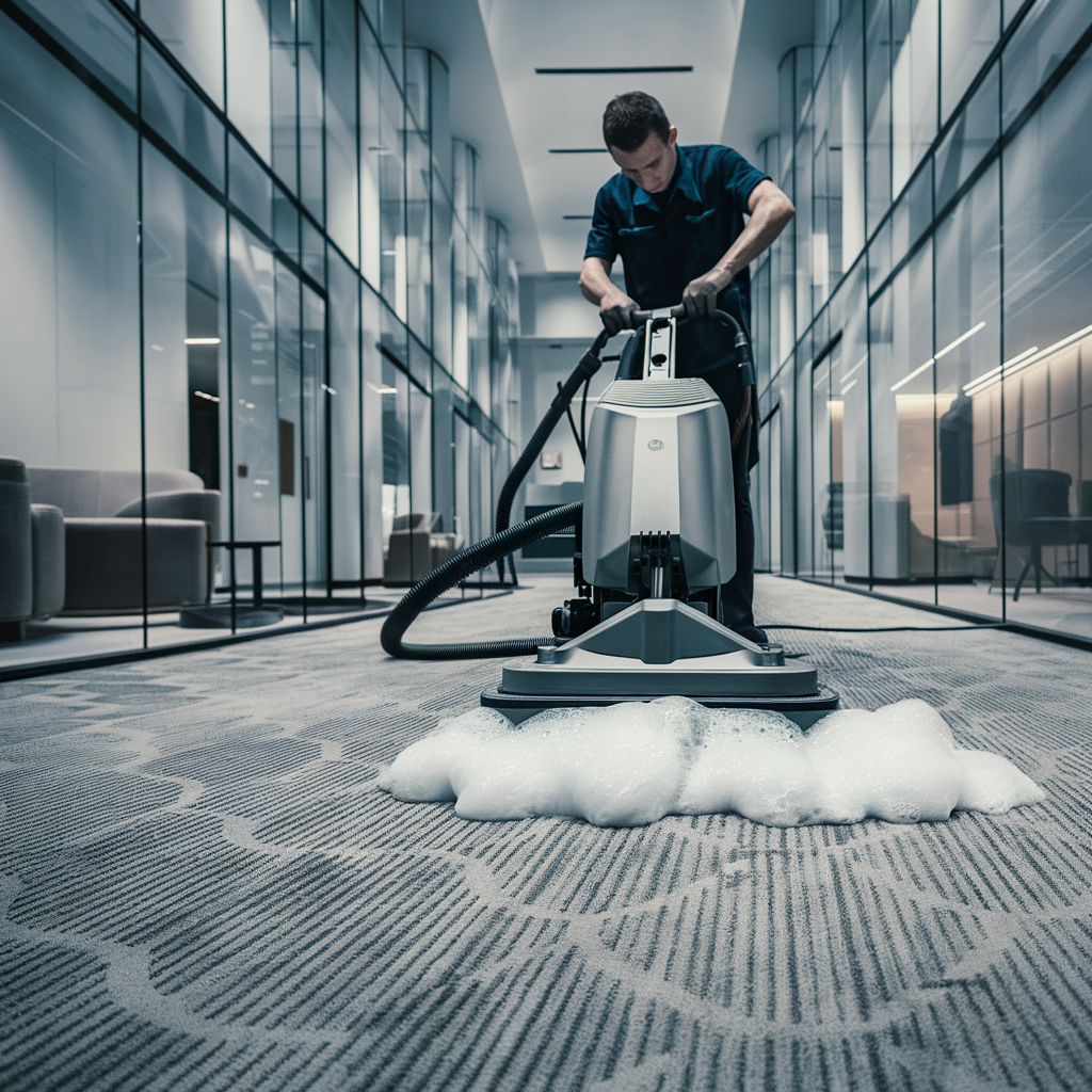 Close up of us carpet cleaning an office building