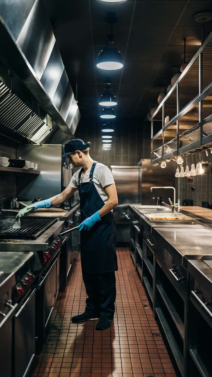 At working cleaning a restaurant grill