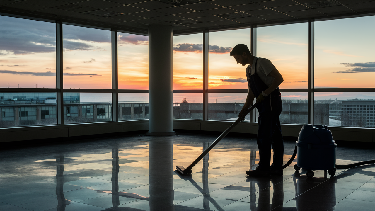 Commercial Cleaner in Grande Prairie working during Alberta Sunset