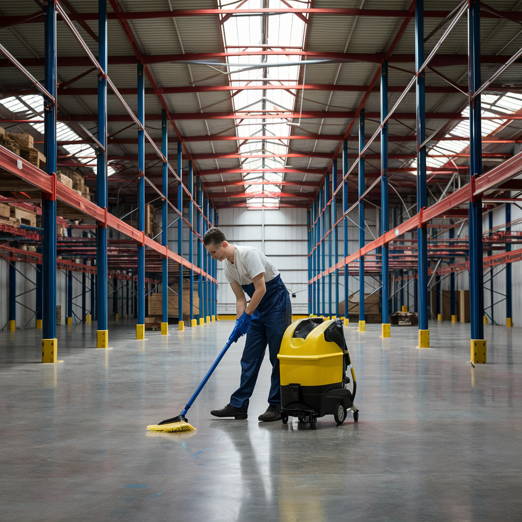 Warehouse commercial cleaner at work