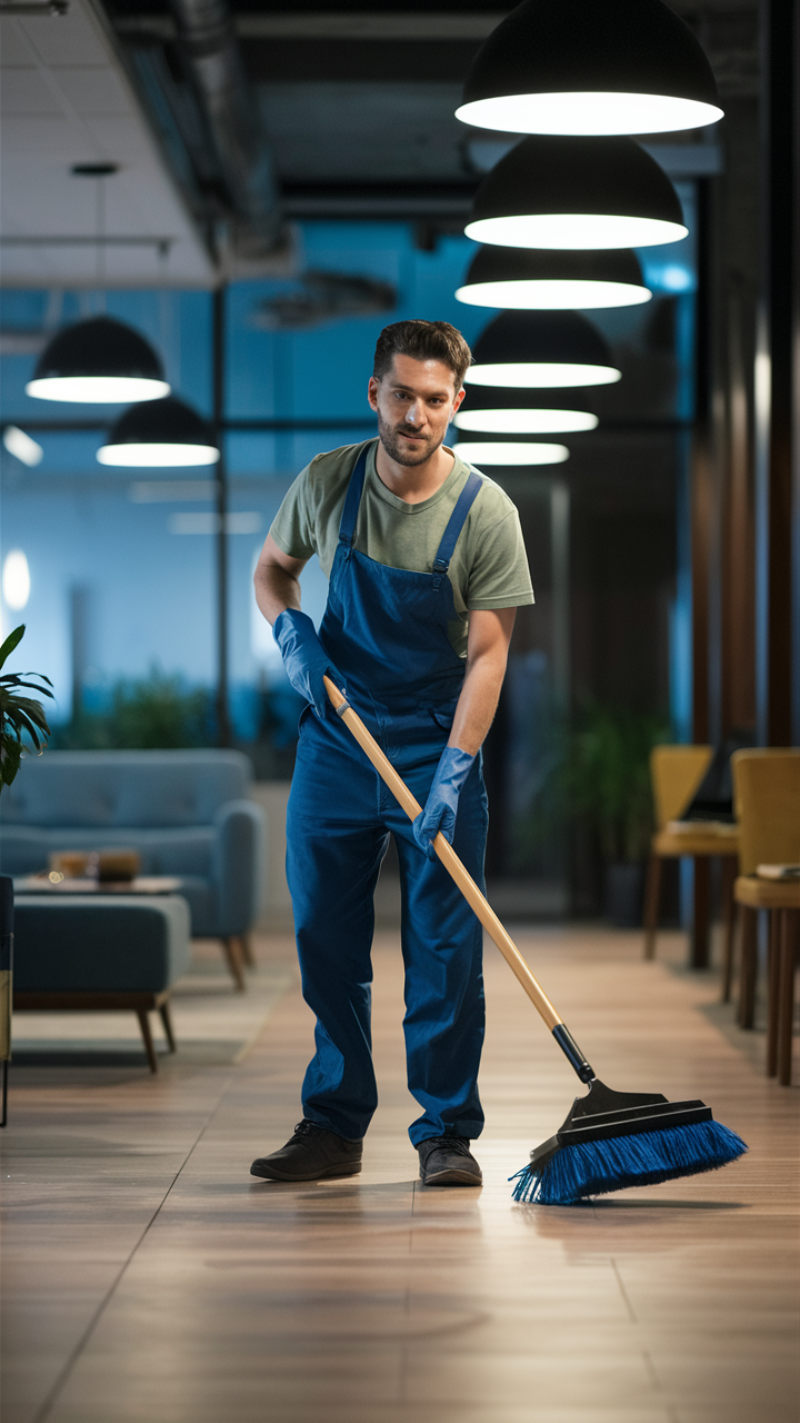 Commercial Cleaner working at sweeping the floor