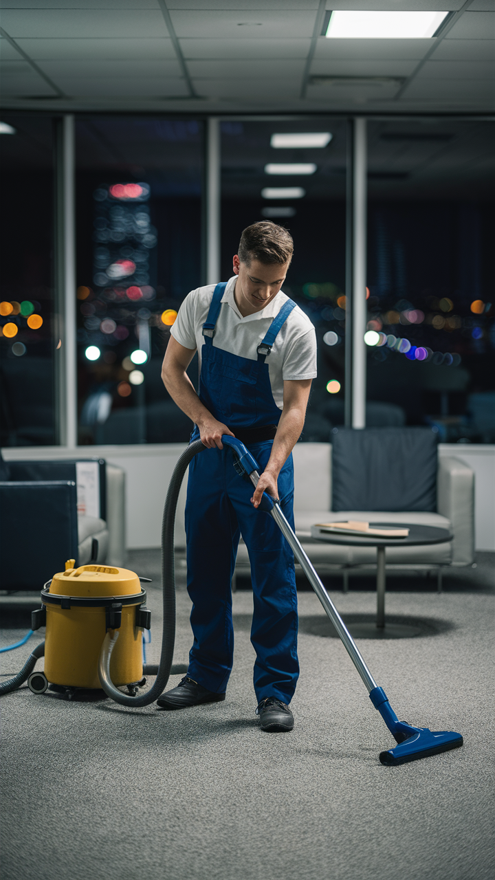 Commercial Carpet Cleaner at work night time closed office building