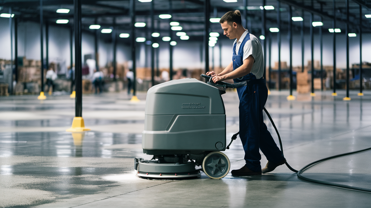 Warehouse Cleaner riding a floor scrubber in Grande Prairie