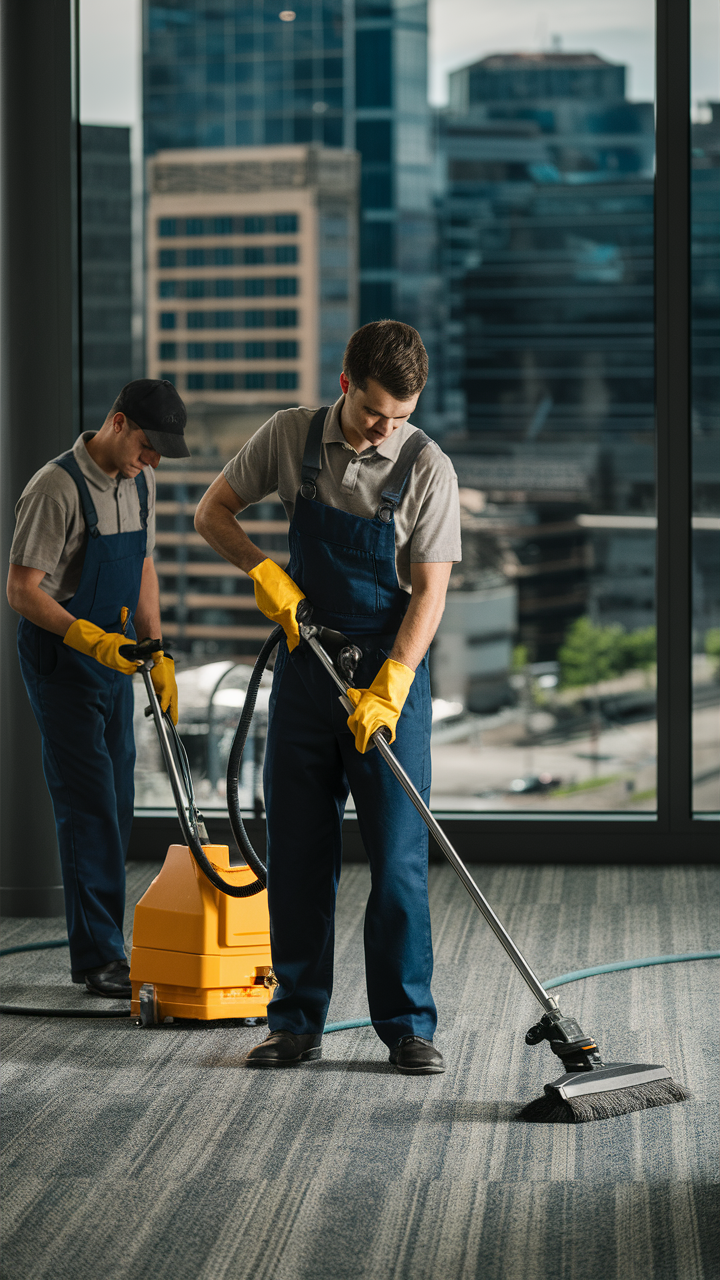 Raven Janitorial team at work cleaning an office carpet